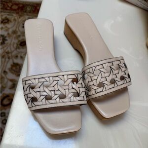Tory Burch woven leather and wood bottom slides size 9. Like new